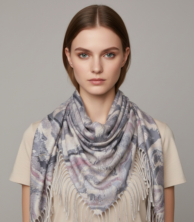 Eșarfă ondulată cu model delicat și ciucuri