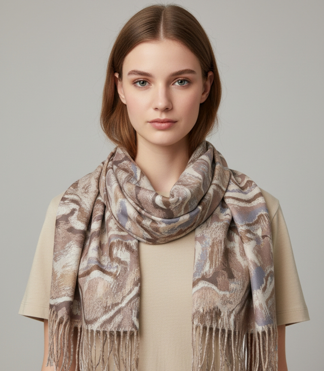 Eșarfă ondulată cu model delicat și ciucuri