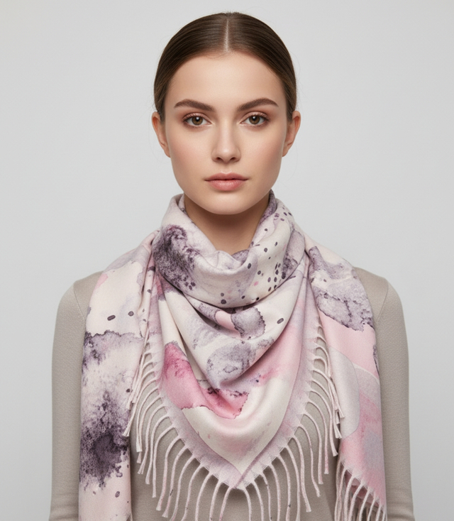 Eșarfă șal pentru femei cu model delicat în acuarelă și ciucuri