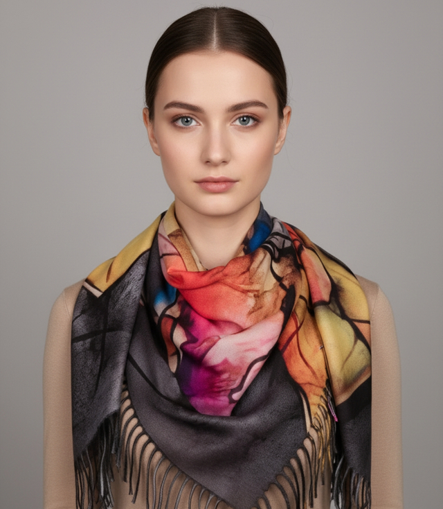 Eșarfă șal abstractă multicoloră elegantă cu ciucuri
