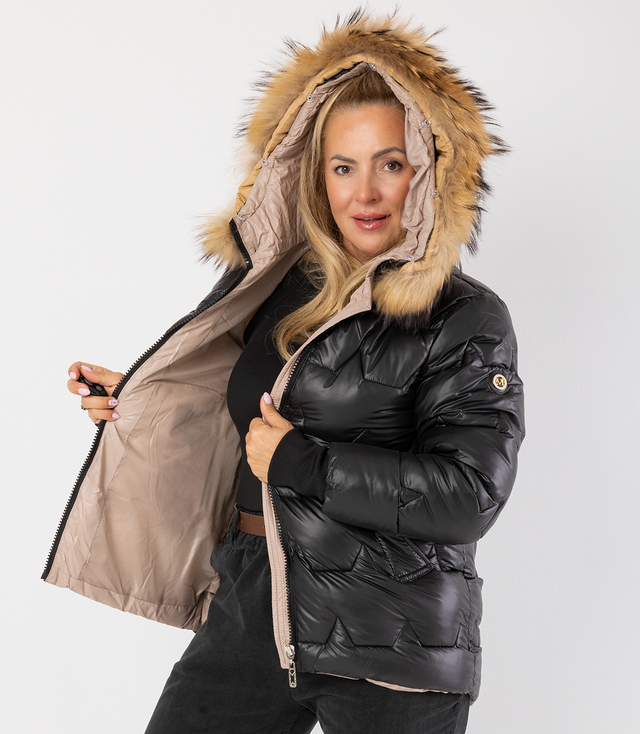 Jachetă de iarnă matlasată cu glugă decorată cu blană ARIA PUFF PLUS SIZE