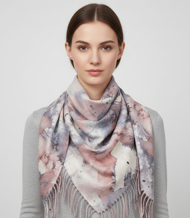 Eșarfă șal pentru femei cu model acuarelă și ciucuri