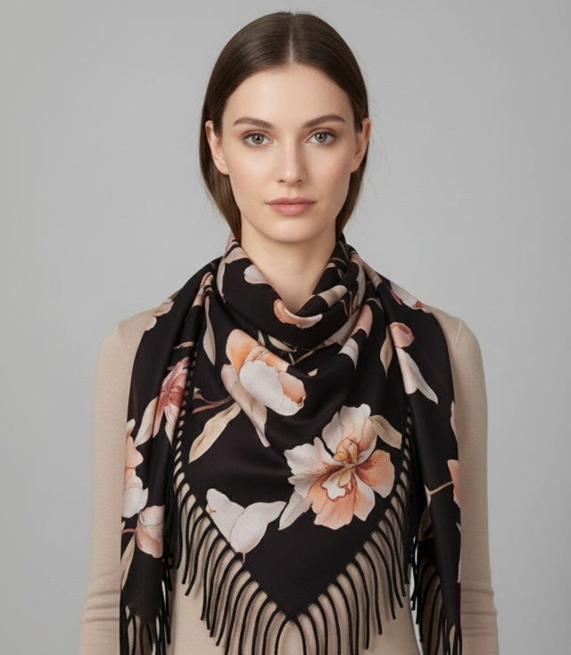 Eșarfă șal florală elegantă cu ciucuri