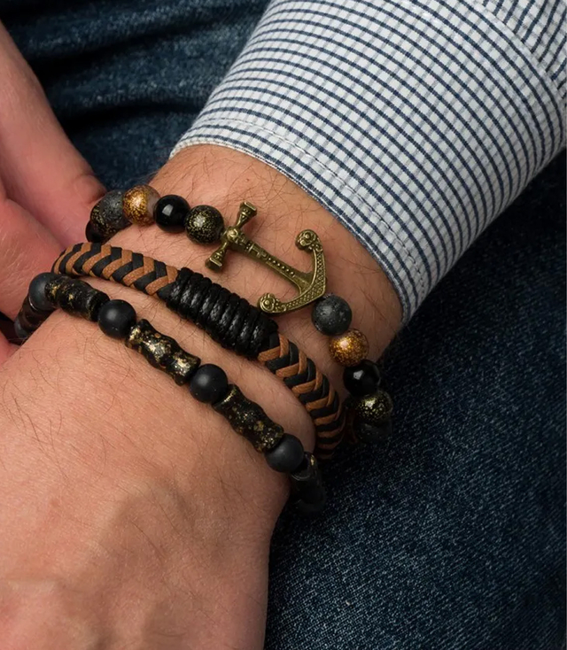 Set de brățări pentru bărbați din piatră naturală cu ancoră