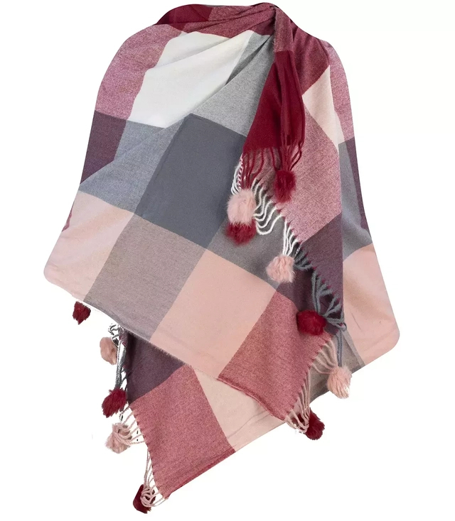 Eșarfă eșarfă eșarfă caldă în carouri cu pompoane