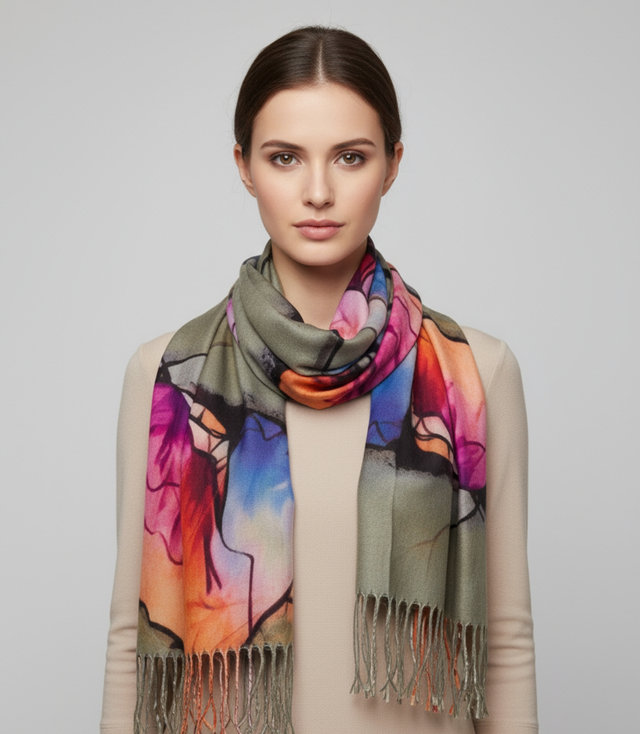 Eșarfă șal abstractă multicoloră elegantă cu ciucuri