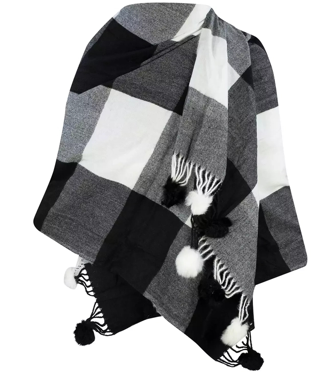 Eșarfă eșarfă eșarfă caldă în carouri cu pompoane