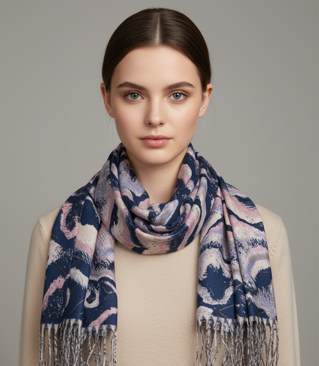 Eșarfă ondulată cu model delicat și ciucuri