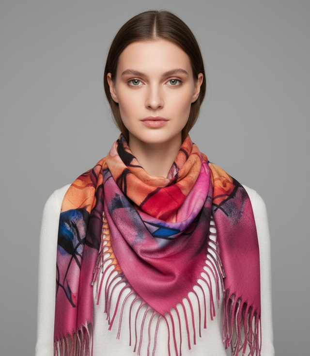 Eșarfă șal abstractă multicoloră elegantă cu ciucuri