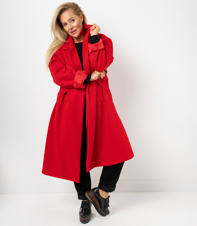 Palton lung oversize de damă cu curea decorativă KASIA