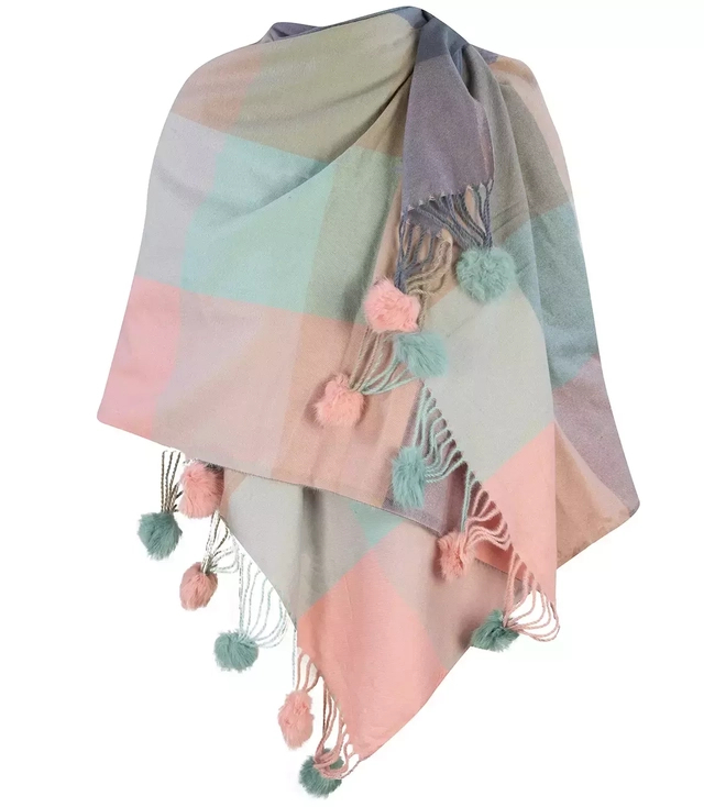 Eșarfă eșarfă eșarfă caldă în carouri cu pompoane