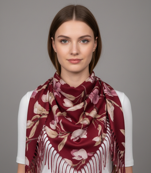 Eșarfă șal florală elegantă cu ciucuri