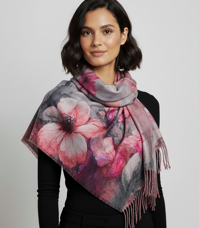 Eșarfă florală mare elegantă cu ciucuri