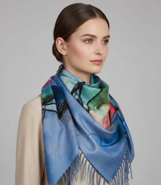 Eșarfă șal abstractă multicoloră elegantă cu ciucuri