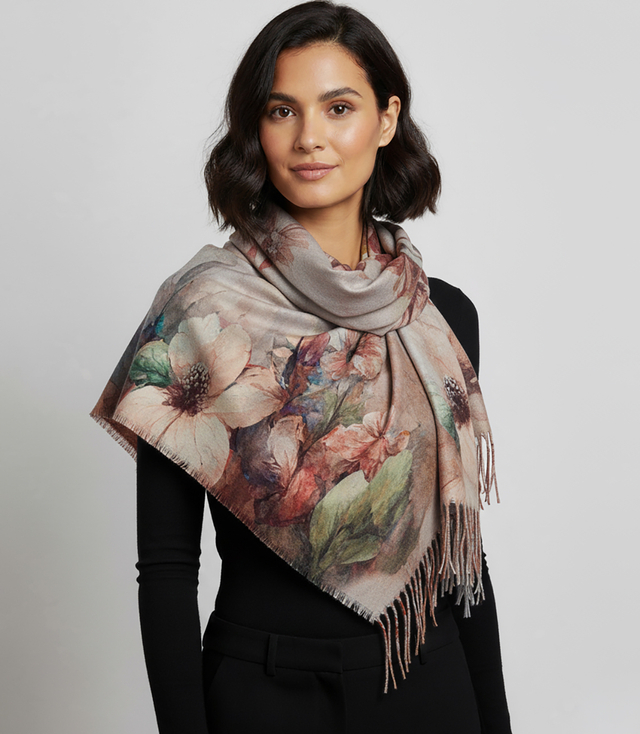 Eșarfă florală mare elegantă cu ciucuri