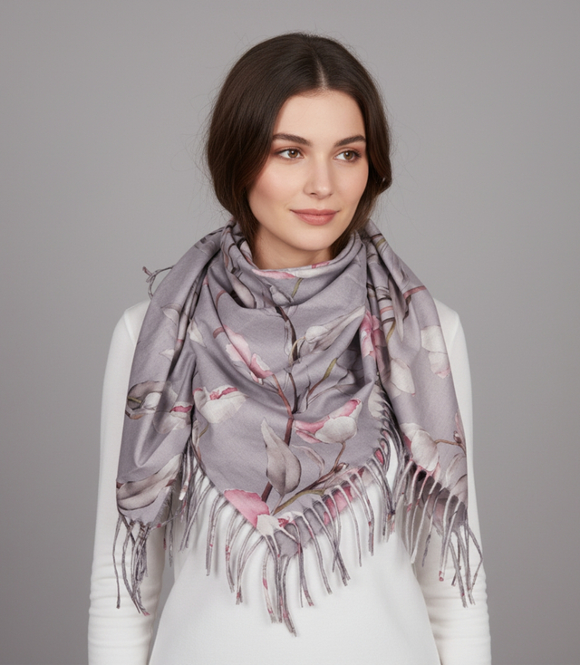 Eșarfă șal florală elegantă cu ciucuri