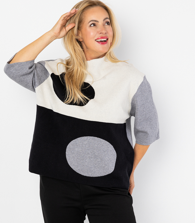 Pulover elegant cu jumătate de gât rotund și model geometric DOT ART