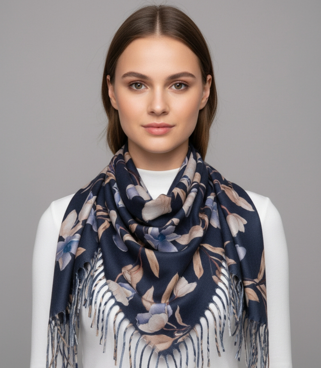 Eșarfă șal florală elegantă cu ciucuri