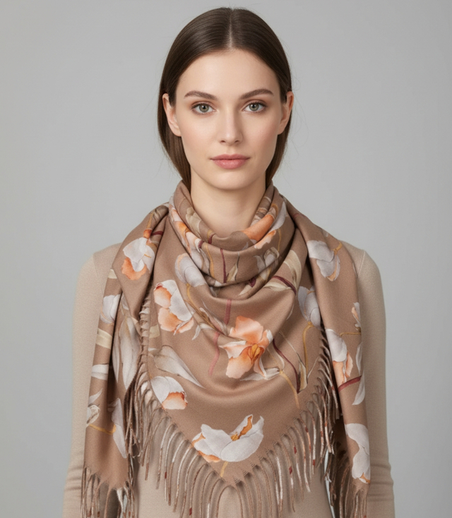 Eșarfă șal florală elegantă cu ciucuri
