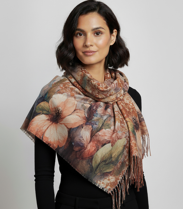 Eșarfă florală mare elegantă cu ciucuri