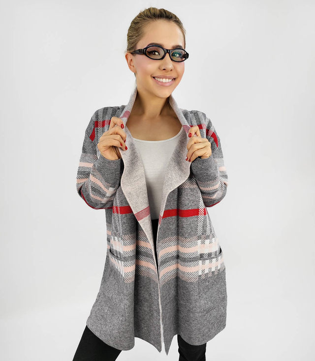 Pulover CALDE. Suprapunere cardigan în carouri