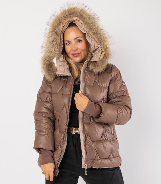 Jachetă de iarnă matlasată cu glugă decorată cu blană ARIA PUFF PLUS SIZE