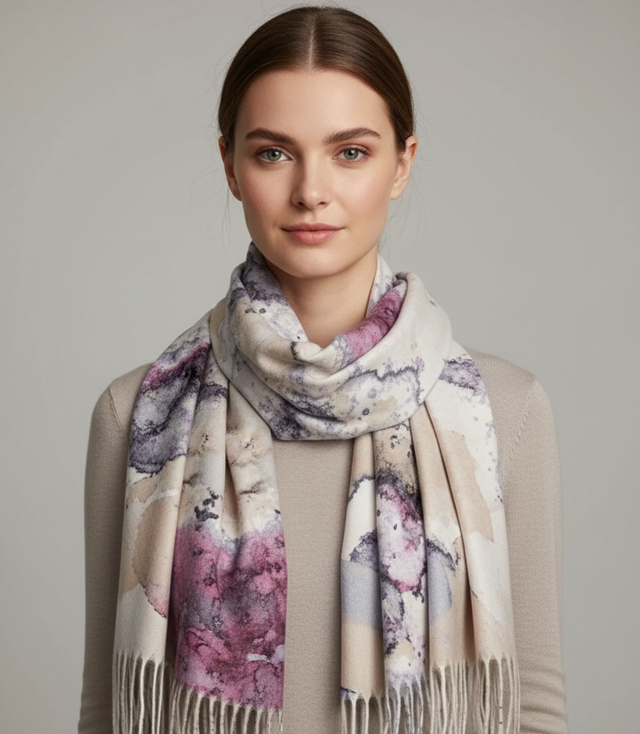 Eșarfă șal pentru femei cu model delicat în acuarelă și ciucuri