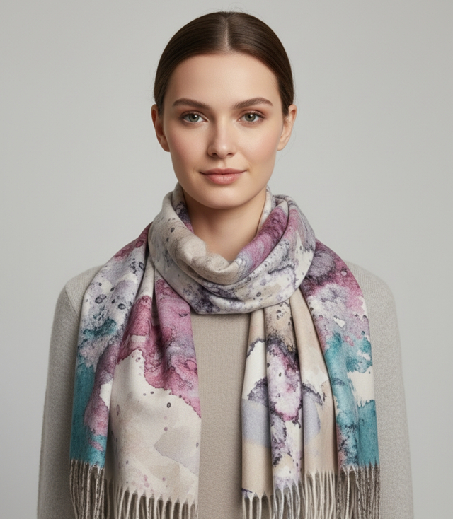 Eșarfă șal pentru femei cu model delicat în acuarelă și ciucuri